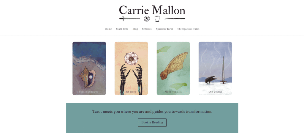 Carrie Mallon Self discovery tarot website homepage screenshot