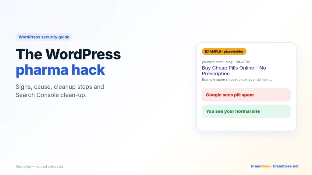 Illustration: the WordPress pharma hack, where Google sees pill spam under your domain while you see your normal site