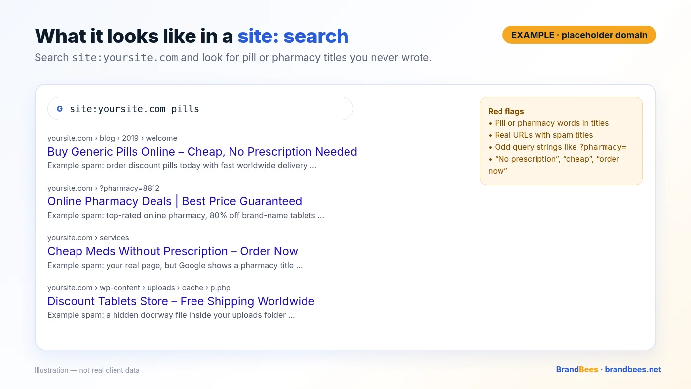 Example Google site: search for a placeholder domain showing pill and online pharmacy spam titles
