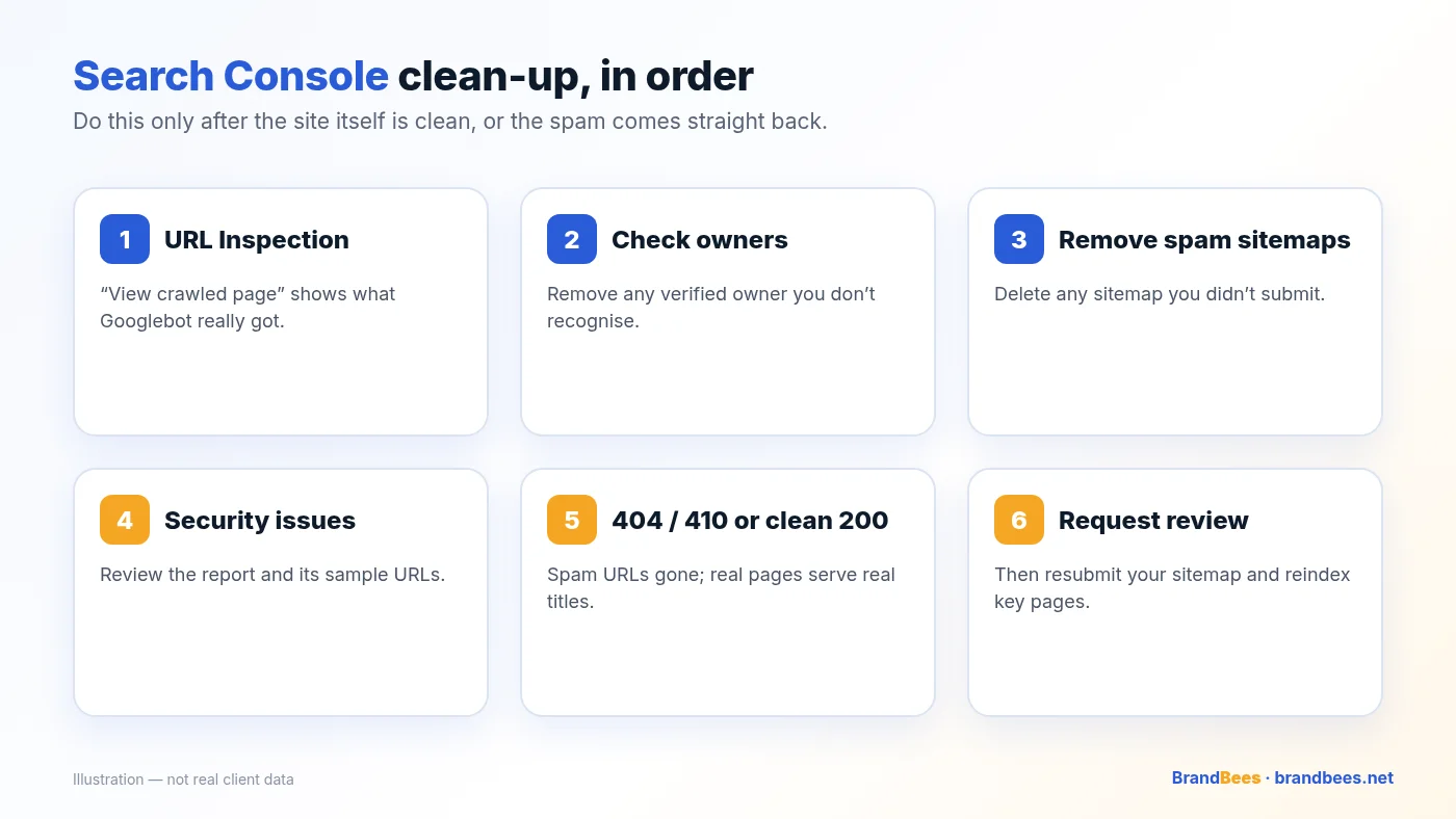 Six Search Console steps after a pharma hack: URL Inspection, check owners, remove spam sitemaps, security issues, 404 or 410, request review
