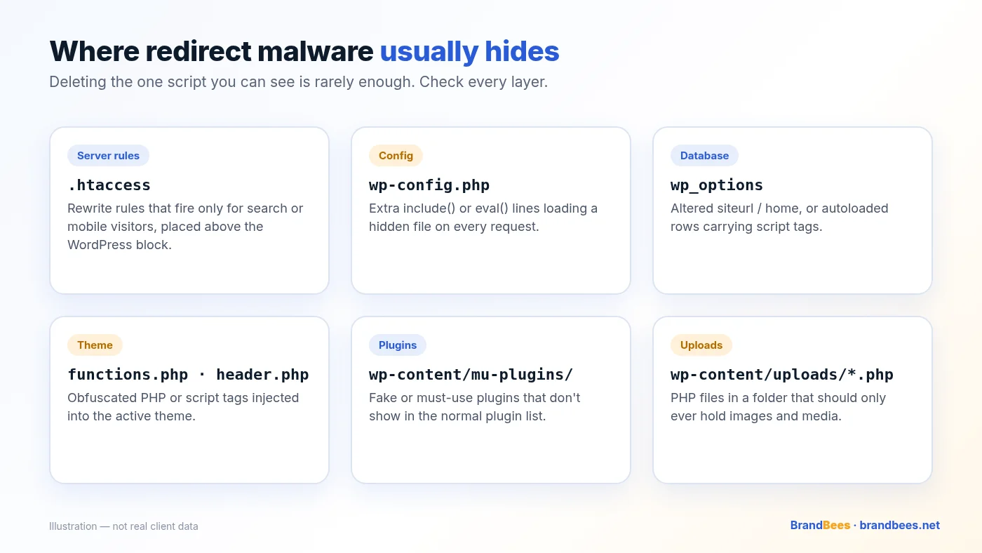Diagram of six places redirect malware hides: .htaccess, wp-config.php, wp_options, theme files, mu-plugins and uploads