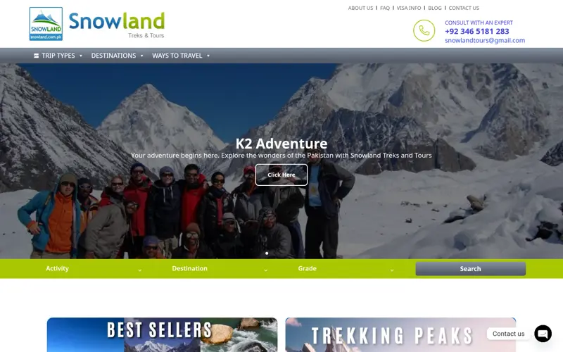 Snowland website homepage